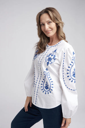 Goondiwindi Cotton Embroidered Button Through Top White/Opal