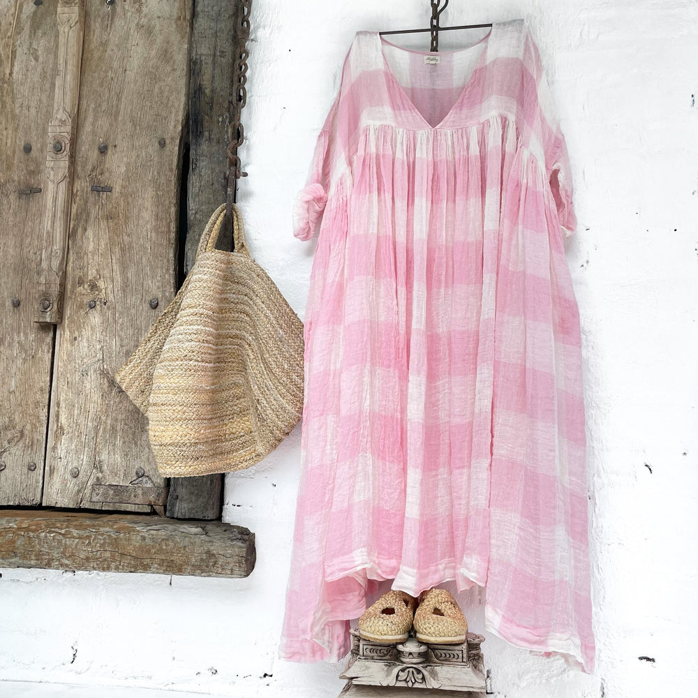 Anouk Gauze Linen Dress - V Neck Pink & White Square