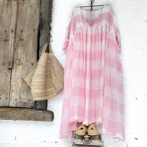 
            
                Load image into Gallery viewer, Anouk Gauze Linen Dress - V Neck Pink &amp;amp; White Square
            
        